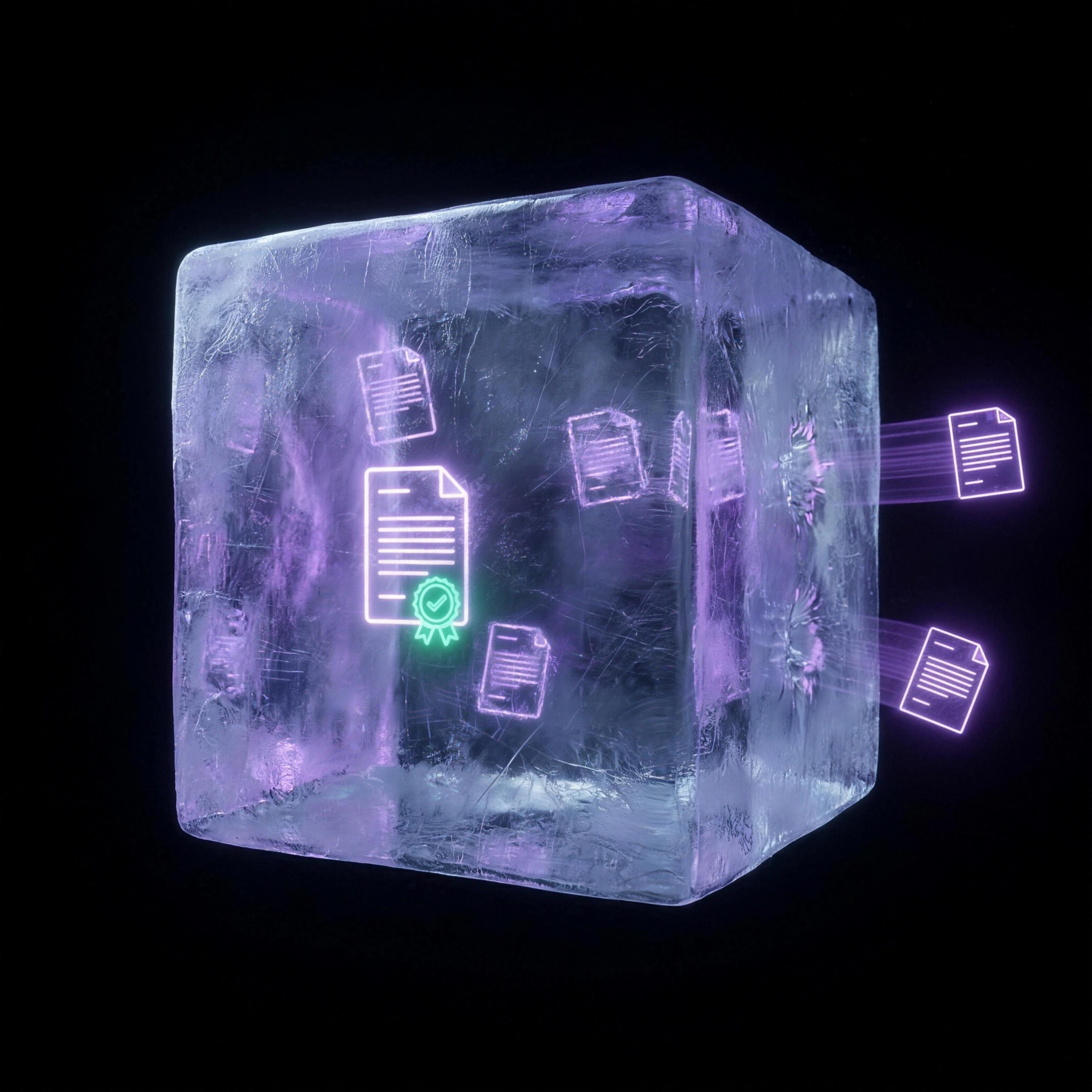 Verified documents sealed inside a block of frosted ice