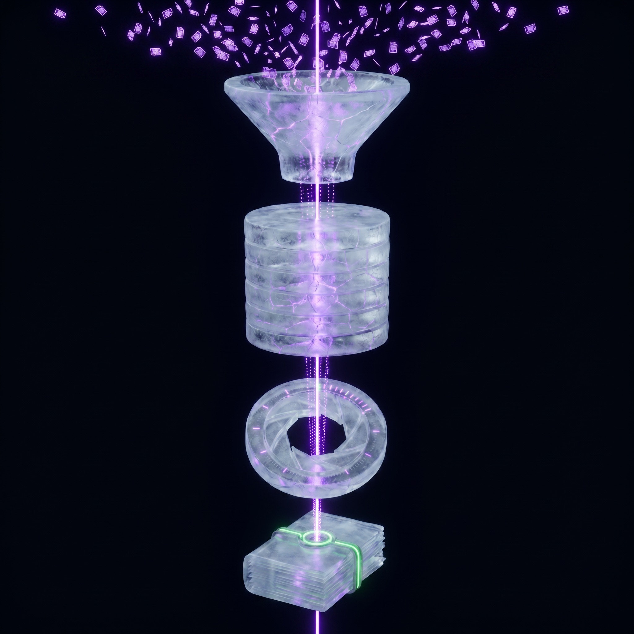 A vertical violet conduit running top to bottom: chaotic page fragments raining into an ice funnel, ordered into a tower of circular ice database discs, narrowed through a segmented ice aperture, arriving as a green-sealed stack of verified pages